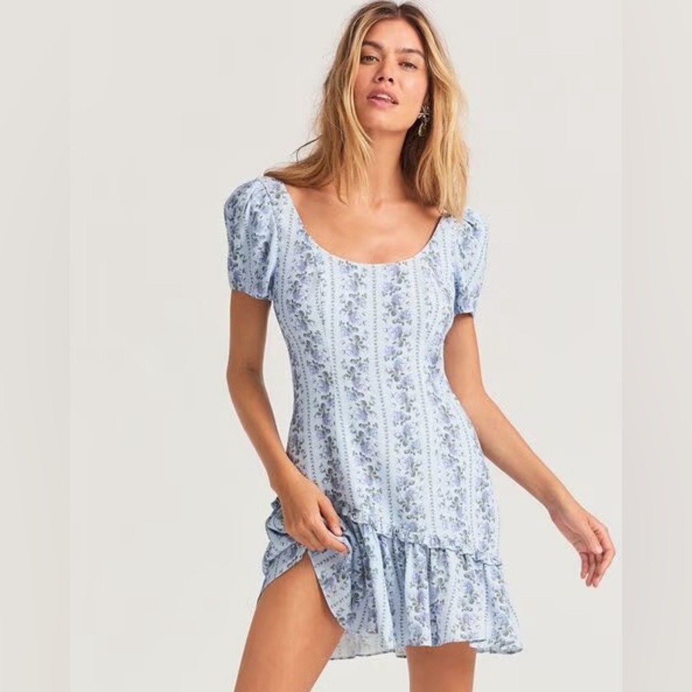 LoveShackFancy Solus Ruffled Floral Crepe Mini Dress in Blue, Size 10, EUC